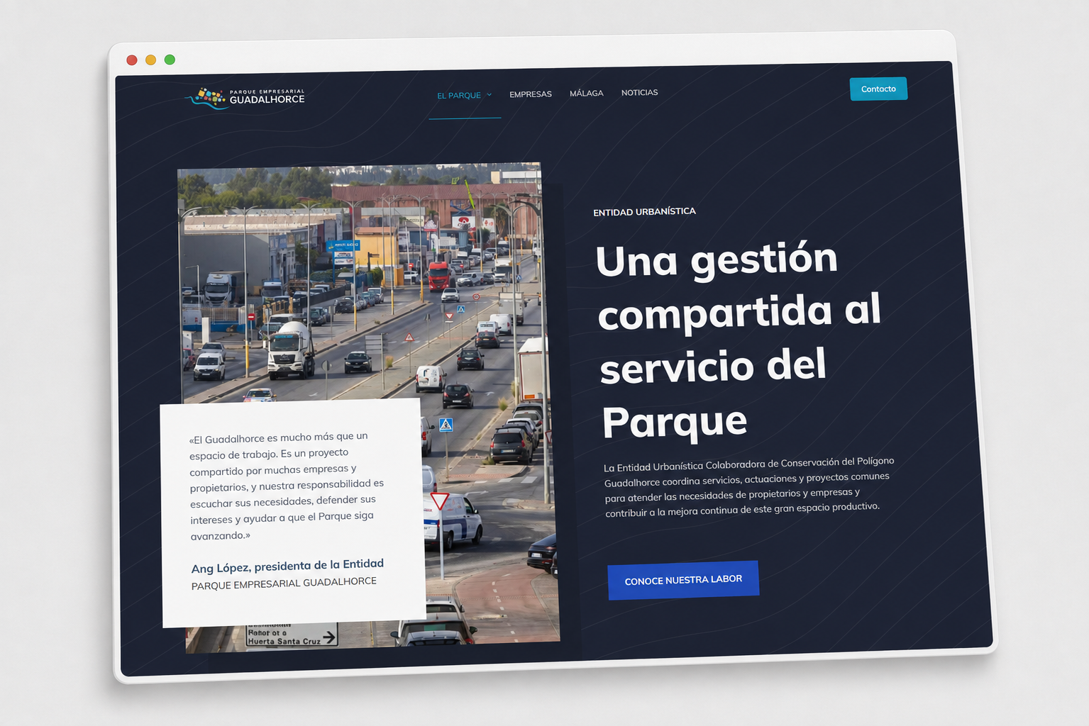 Vista de la arquitectura y los contenidos de la web del Parque Empresarial Guadalhorce