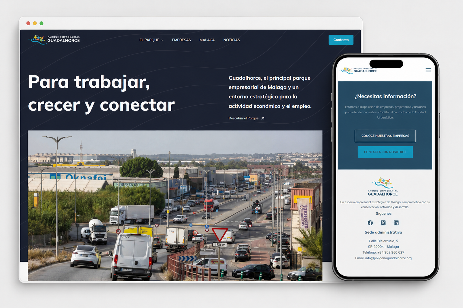 Diseño web responsive del Parque Empresarial Guadalhorce en ordenador y teléfono móvil