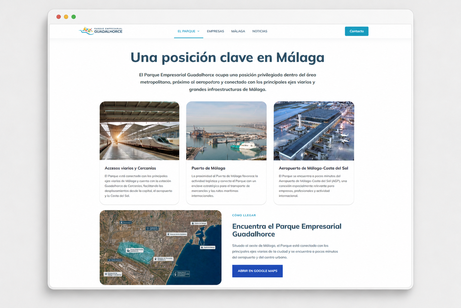 Página de ubicación, accesos e información práctica del Parque Empresarial Guadalhorce
